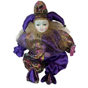Hooray for Clowns Collectible Jester Doll 12in Purple Paisley Porcelain Vintage